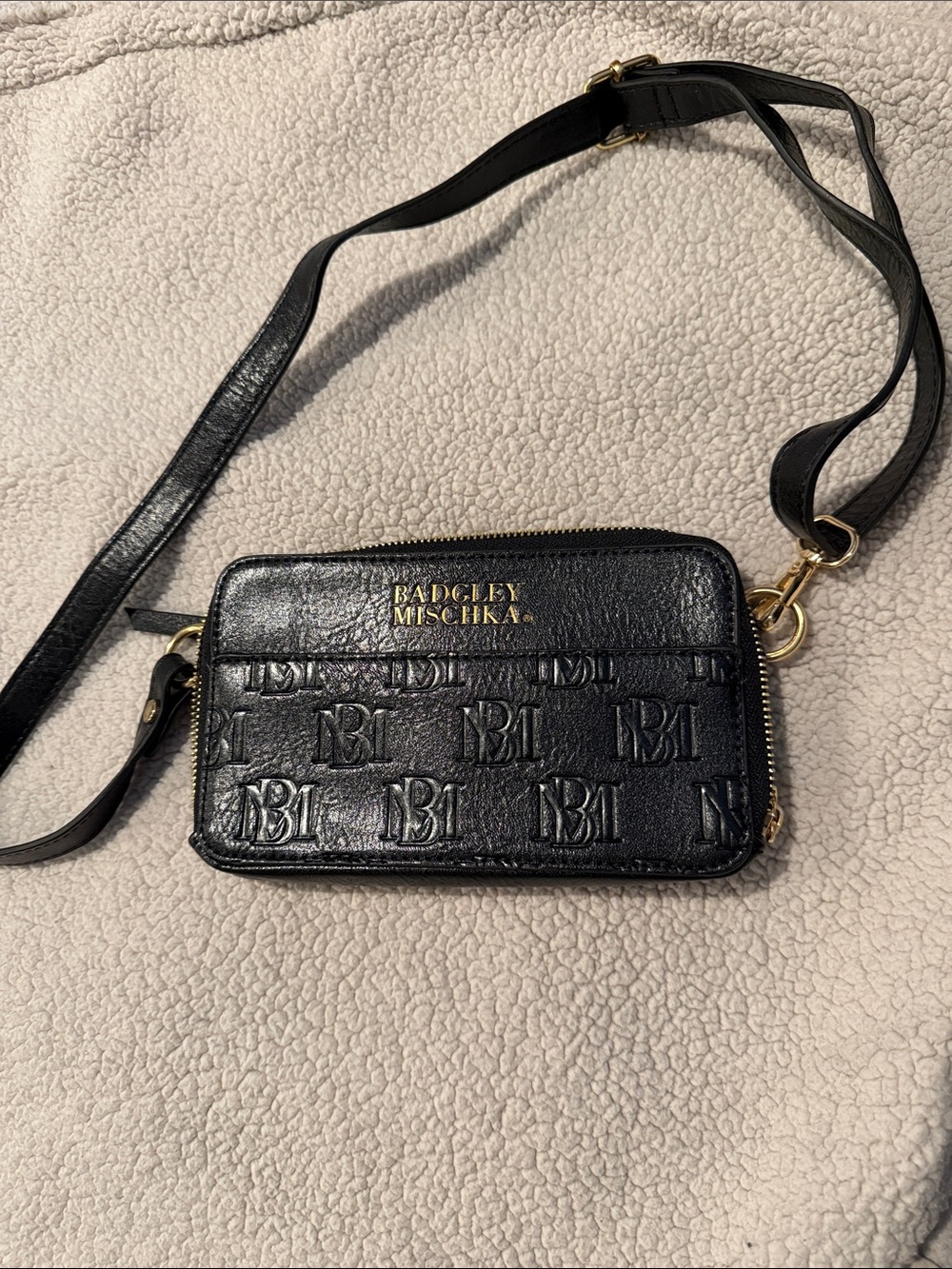 Badgley Mischka Black Embossed Logo Leather Crossbody with Gold Hardware